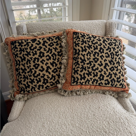 Wool Embroidered and Velvet Leopard Print Accent Pillow with decorative tassels
